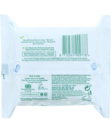 Simple Kind to Skin Micellar Remove Waterproof Make-up Cleansing Wipes for Sensitive Skin 25 Wipes - Buy Online on GoSupps.com