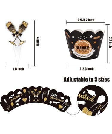 AIERSA 96Pcs Graduation Cupcake Toppers Wrappers 2024 Congrats Grad Cupcake Decorations Set Graduation Cupcake Wrappers for Cupcake Food Decorations Black Gold - Buy Online on GoSupps.com
