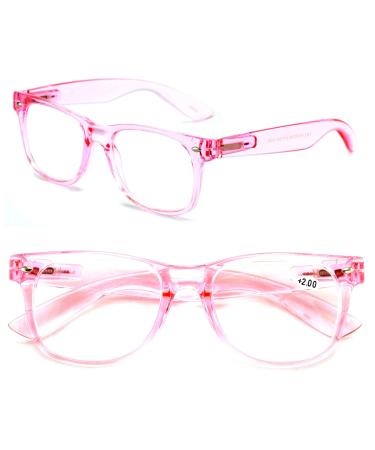 2 Pairs Transparent Neon Color Deluxe Reading Glasses - Comfortable Stylish Simple Readers Magnification Light Pink 2.75 x
