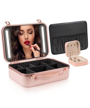 Makeup Travel Lighted Case with Large LED Light Mirror Coetic Bag Organizer Professional Adjustable Divider Storage Waterproof Portable Make up Train Box Accessories And Tools Case (SN-Pink)