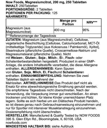 Magnesium Citrate 200mg 250 Tablets - Now | High Quality, Fast Absorbing Formula - Buy Online on GoSupps.com