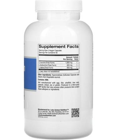 Lake Avenue BCAA - L-Leucine L-Isoleucine & L-Valine for Muscle Growth & Recovery - 240 Vegan Capsules - International Shipping Available - Buy Online on GoSupps.com