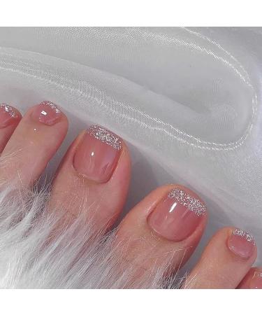 Pink Press on Toenails French Fake Toenails Glitter Rhinestone Stick on Toenails Acrylic False Toe Nails Square Artificial Foot Fake Nail for Women Toenails-2