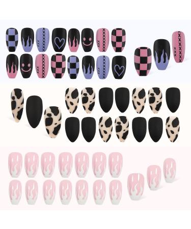 72 Short Coffin False Nails Set - Full Cover Press On Tips in Pink, Green, and Black - Acrylic Stick On Short Nails for Women and Girls - Buy Online on GoSupps.com