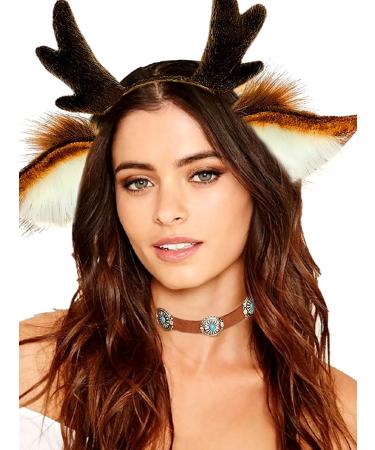 LaVenty Luxury Furry Reindeer Headband Deer Horn Ears Headband Deer Animal Costume for Halloween Yellow - Buy Online on GoSupps.com