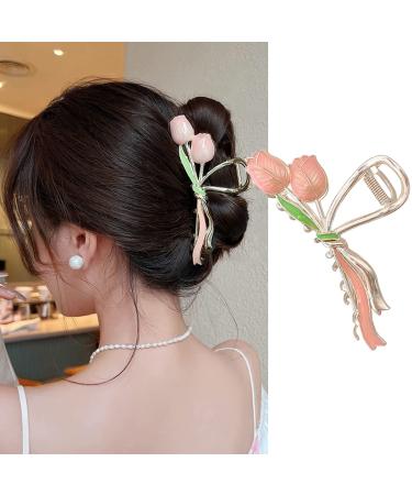 Flower Hair Clips Summer Metal Pink Tulip Bouquet Designs Strong Hold Non Slip for Women Hair Accessories for Thick Thin Hair Large Claw Clips 1 Pcs (Pink)