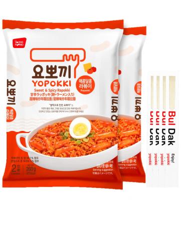 Yopokki Sweet & Mild Spicy Rabokki Pack I Ramen Noodle Tteokbokki Topokki Rice Cakes (Sweet & Mild Spicy Flavored Sauce, 2 Pack) Korean Snack 4 Chopsticks