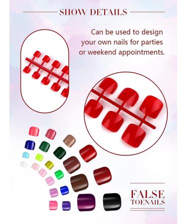 Kalolary 576Pcs Short Square False Toe Nails | Glossy Full Cover Press on Toenails Set | DIY Nail Art (24 Colors) - Color 1 - Buy Online on GoSupps.com