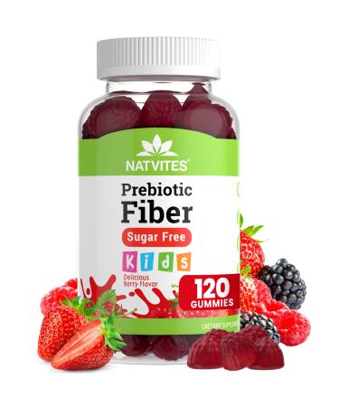 Natvites Prebiotic Kids Fiber Gummies for Children Ages 2 & Up - Sugar Free Vegetarian Gelatin Free Non-GMO Kids Fiber Supplements for Digestive Health (120 Count)
