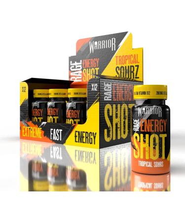 Warrior RAGE ENERGY SHOT Pre Workout Drink - 12 x 60ml, 200mg Caffeine, Natural Flavourings, Vitamin B6 & B12, Tropical Sourz - Buy Online on GoSupps.com