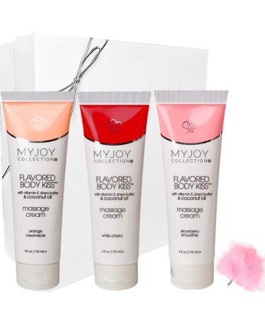 Flavored Body Kiss Edible Massage Cream for Sensual Massage Strawberry White Cherry and Orange with Nourishing Coconut Oil Shea Butter PH Balanced Boxed for Gifting