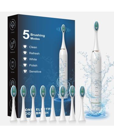 M1 Sonic Electric Toothbrush with 8 Brush Heads One Charge for 60-Day Battery Life Type-C Fast Charging 5 Modes and 2-Minutes Built in Smart Timer - Ideal for Adults (White)