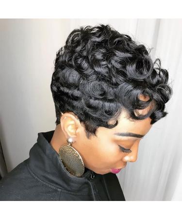 Yviann Short Wavy Synthetic Hair Wigs Pixie Cut Wigs for Black Women Short Black Cute Curly Pixie Wigs 1B Color Pixie Curly-1B