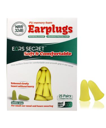 EARS SECRET Foam Ear Plugs for Sleeping 25+3 Pairs Ear Plugs 37dB Comfortable Earplugs for Noise Reduction Travel Snoring Concert Loud Noise Shooting Work Small Ear Canal Design Earplugs SMALL Size Little Star 25 Pairs