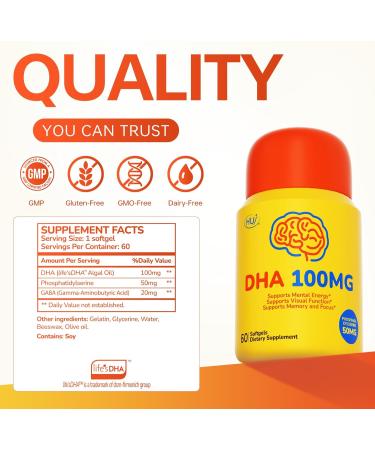 HUJ DHA 100mg - Kids DHA Supplemnent - Algal Oil - Contain DHA Phosphatidyserine & GABA - Supports Mental Energy Visual Function Memory and Focus* - 60 Softgels - Buy Online on GoSupps.com