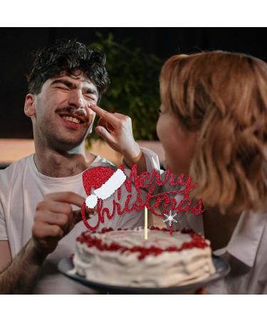 Merry Christmas Cake Topper Red Glitter Christmas Hat Topper Xmas Holiday Cake Picks for Christmas Party Birthday Wedding Decorations - Buy Online on GoSupps.com