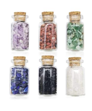 Healing Crystals Gemstone Bottles Tumbled Witchcraft Supplies Spell Jar Crystal Set Wishing Bottle with Wooden Box for Reiki Healing Meditation Pray Chakra Balancing Decoration Gift (6pcs) Multicolor