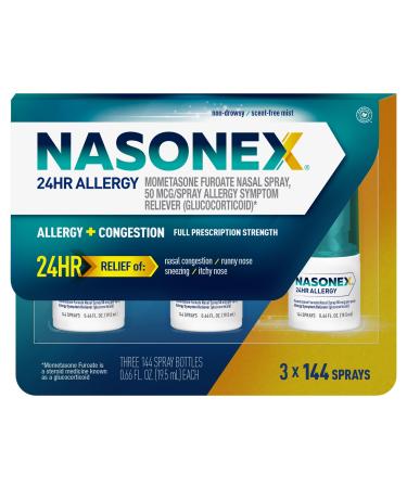 Nasonex 24HR Allergy Nasal Spray Non-Drowsy Scent-Free Mist Allergy Symptoms + Nasal Congestion Full Prescription Strength 120 Sprays (3 Pack)