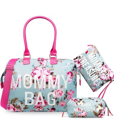 Mommy Bag for Hospital, LitBear Hospital Bag for Labor and Delivery, Large Capacity Waterproof Mommy Bag, Multifunction Overnight Bag for Women, Mom Bag with Straps (Blue Floral)