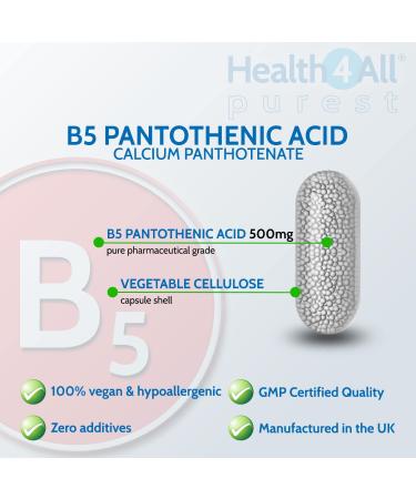Vitamin B5 Pantothenic Acid 500mg 90 Capsules (V) (not Tablets) Purest: No Additives Vegan. Made in The UK by Health4All. 90 Count (Pack of 1) - Buy Online on GoSupps.com