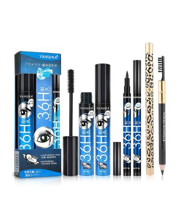 3-Part Eye Make-Up Set - Black Liquid Eyeliner 4D Fiber Mascara & Leopard Eyebrow Pencil | Perfect Cat Eye Look - 3 PCs Blue - Buy Online on GoSupps.com