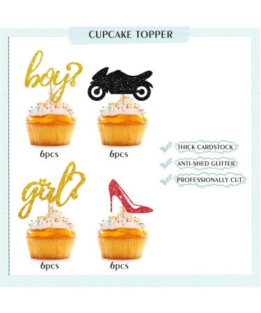 24pcs - Boy Or Girl Cupcake Toppers Red & Black Glitter Baby Shower Cupcake Picks Heels Or Motorcycle/He Or She Cake Decorations for Gender Reveal/First Birthday Party - Buy Online on GoSupps.com