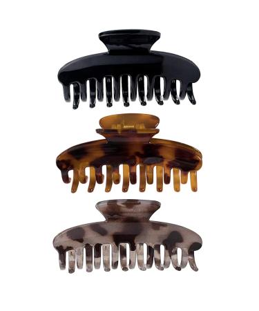 3 PCS Big Hair Claw Clips 3.8 Inch Nonslip Durable Large Hair Claw Clips for Women/Girls/Ladies  Fashionable Hair Accessories Strong Hold Hair Clips  Barrettes for Long Hair  Thick and Thin Hair Black/Brown Leopard/Light...