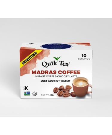 Quik Cafe Unsweetened Madras Coffee Latte - 10 Count Single Box - All Natural & Preservative Free Authentic Instant Coffee Unsweetened Madras Coffee 10 count (Pack of 1)