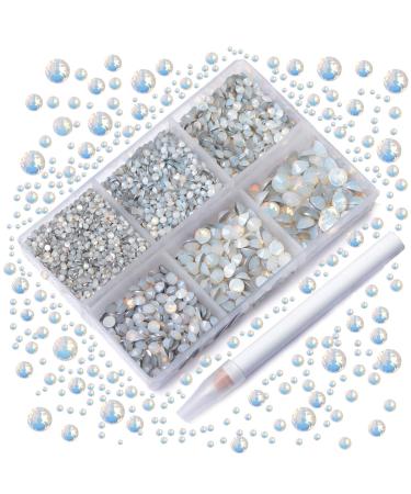 AD Beads 4300 Pieces Flat Back Nail Art Rhinestones Round Beads 6 Sizes (2-6.5mm) with Storage Organizer Box Rhinestones Picking Pen for Nail Art Phone Decorations Crafts DIY (Opal White)
