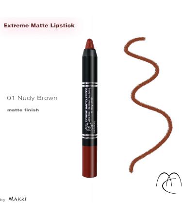  Makki Nudy Brown Makki Extreme Matte Lip Pencil with intense long-lasting velvet finish containing oil-absorbing molecules rice starch and cyclic volatiles fragrance-free - Buy Online on GoSupps.com