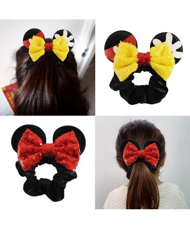 Minnie Mouse Velvet Scrunchies with Sequin Bows - 4 Pcs Hair Bands for Women, Girls, Kids in Yellow, Red, Blue, Ivory - Buy Online on GoSupps.com