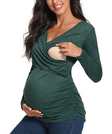 Love2Mi Maternity Nursing Shirt | Short Sleeve V-Neck Breastfeeding T-Shirt | Pregnancy Top | Dark Green - Buy Online on GoSupps.com