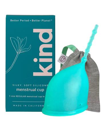 Kind Cup | Menstrual Cups | Period Cup | Easy to use | Comfortable | Soft | Long Stem | Curved | Ergonomic | High Cervix | Low Cervix | Eco Friendly Products | for Beginners | USA (Regular) (Aqua)