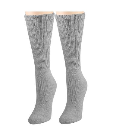 Falari 2-Pack Women Diabetic Socks Diabetes Edema Circulatory Loose Fitting Non Binding Top Soft Breathable Cotton Socks 9-11 Crew Height - Grey
