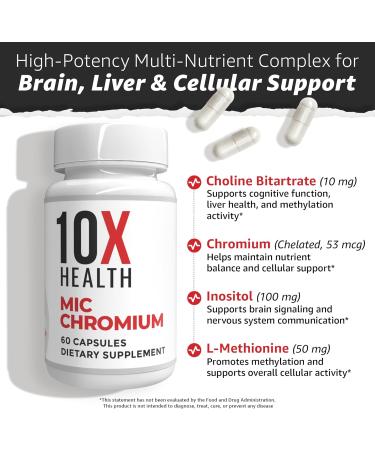 10X Health MIC Chromium Supplements - 60 Capsules - Contains Choline Inositol & L Methionine - Mineral Supplements for Daily Nutritional Support - Chromium, L-Methionine, Choline Supplements - Buy Online on GoSupps.com