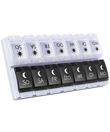 Mericargo tablet box 7 days in the evening portable pill box 7 days 2 compartments push button daily pill box for vitamins fish oil supplementary black white