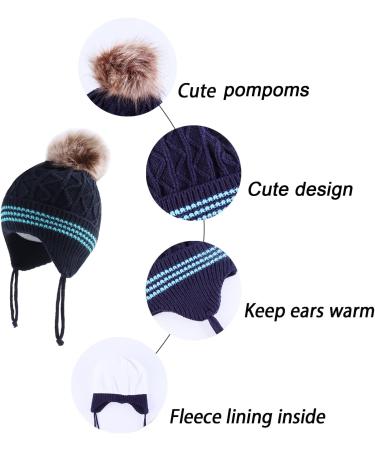 LANGZHEN Toddler Winter Hat Earflap Knit Cap Fleece Lined Beanie for Baby Boys Girls 6-12 Months - Navy-Pompon - Buy Online on GoSupps.com