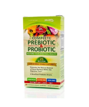 Olympian Labs Complete Prebiotic and Probiotic Supplement - 25 Billion Live Shelf Stable Cultures - 30 Vegetarian Capsules Standard