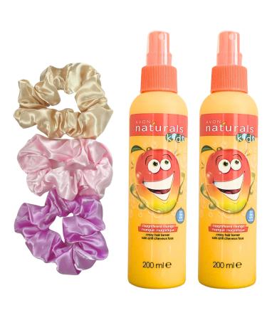 Kids Magnificent Mango Detangler Spray 2 x 200ml & 3 x Roshearry Silk Satin Hair Scrunchies Bundle - Tear-Free Formula Detangles Unruly Hair