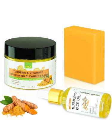 MR.A Turmeric Soap Bar Turmeric Cleansing Pads and Turmeric Oil Turmeric Face Exfoliating Pads with Vitamin C B5 Organic Tumeric Soap for Face and Body Turmeric face oil for dry skin