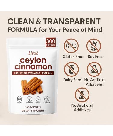 LIRAE Ceylon Cinnamon - 300 Softgels 7200mg Equivalent with MCT Oil Highly Bioavailable Herbal Supplement Made with True Ceylon Cinnamon Non-GMO Gluten Free Gentle Daily Support (1) - Buy Online on GoSupps.com