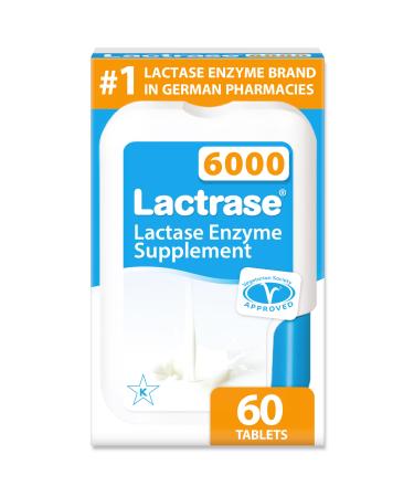 Lactrase Tablet Dispenser #1 Lactase Brand in German Pharmacies Strong 6 000 FCC Lactase Units 60 Fast-Acting Pills for Lactose Intolerance Enjoy Dairy Again Standard (60 Count)