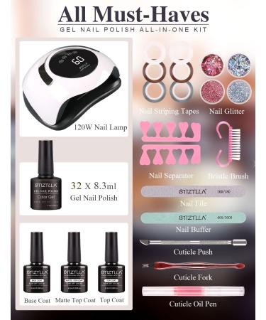 32 Colors Gel Nail Polish Kit with 120W UV LED Nail Dryer - Purple Brown Glitter Set with Base, Top Coat, Nail Art Decorations - Manicure Tools Starter Kit - Buy Online on GoSupps.com