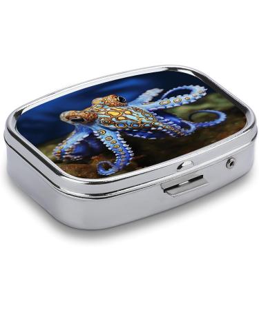 Blue Ringed Octopus Print Pill Box | 2 Compartment Portable Medicine Organizer | Decorative Metal Pill Case for Pocket or Purse - Buy Online on GoSupps.com