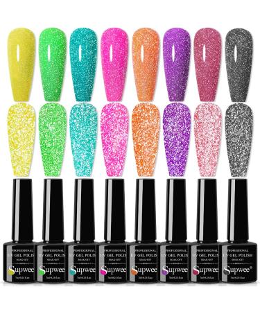 Supwee Neon Reflective Gel Polish Sparkle Glitter Gel Nail Polish Bright Yello Green Orange Disco Nail Polish Gel Manicure Soak Off UV Gel for DIY at Home 8 Colors 7ML(0.24fl oz) 8PCS Reflective Gel-7ML