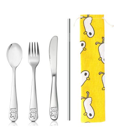 Childrens Cutlery Set Kids Tableware Set Adorable Portable Toddler Dinnerware Set-Knife Fork Spoon Straw with Cutlery Bag 5pcs