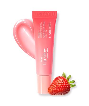CARE:NEL Berry Lip Glow Repair Balm - Moisturizing & Hydrating Tinted Lip Balm with Jojoba Seed Oil Vitamins C & E for Plump Glossy Strawberry Tint - 0.35 oz Squeeze Tube