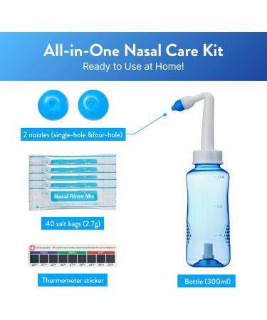 ECLAT Nasal Rinse Kit - Gentle Pressure Nasal Irrigation, Smart Control Auto Flow On/Off Valve, BPA-Free Nose Wash Cleaner Sinus Clearer for Kids & Adults with Cap, 2 Nozzles and 40 Salt Packs (300mL) - Buy Online on GoSupps.com