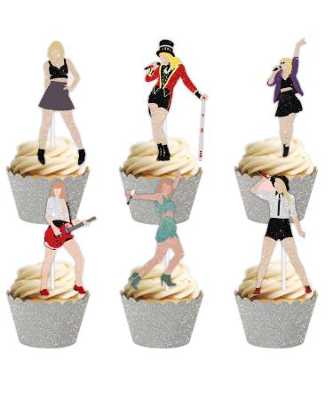 18pcs Glitter Dessert Cupcake Topper Cheer to Worldwide Popular Female Singer Concert Theme Decor Pick for Fan Men Women Boys Girls Happy Birthday Folklore Music Party Decorations Supplies