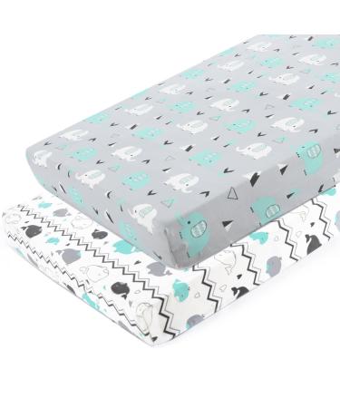 Pack n Play Stretchy Fitted Pack n Play Playard Sheet Set BROLEX 2 Pack Portable Mini Crib Sheets,Convertible Playard Mattress Cover,Ultra Soft Material,Elephant & Whale grey teal animal
